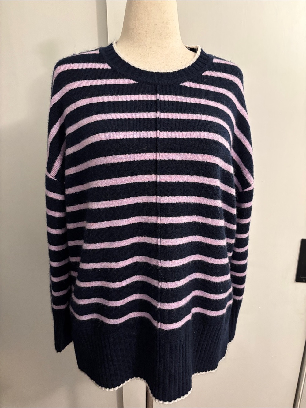 LOFT Navy and Lavender Striped Crewneck Sweater